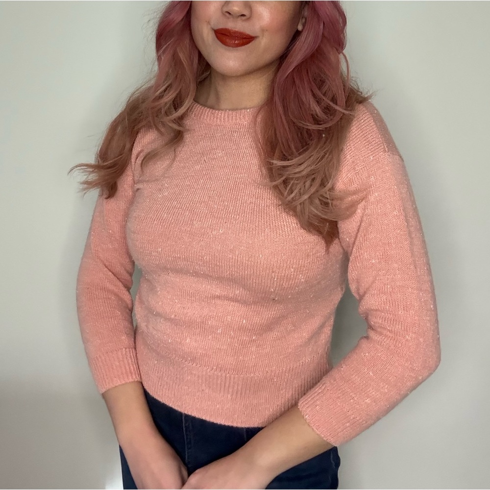 VINTAGE 60s AVON FASHIONS Coquette Pink 3/4 Sleeve Sweater Crisscross Back S/M